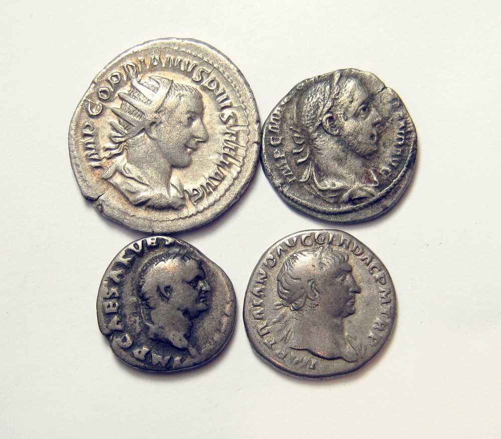 Group Of Four Silver Roman Coins Vespasian Denarius 69-71 AD, PAX seated left COS ITER TRP PONT,