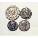 Group Of Four Silver Roman Coins Vespasian Denarius 69-71 AD, PAX seated left COS ITER TRP PONT,