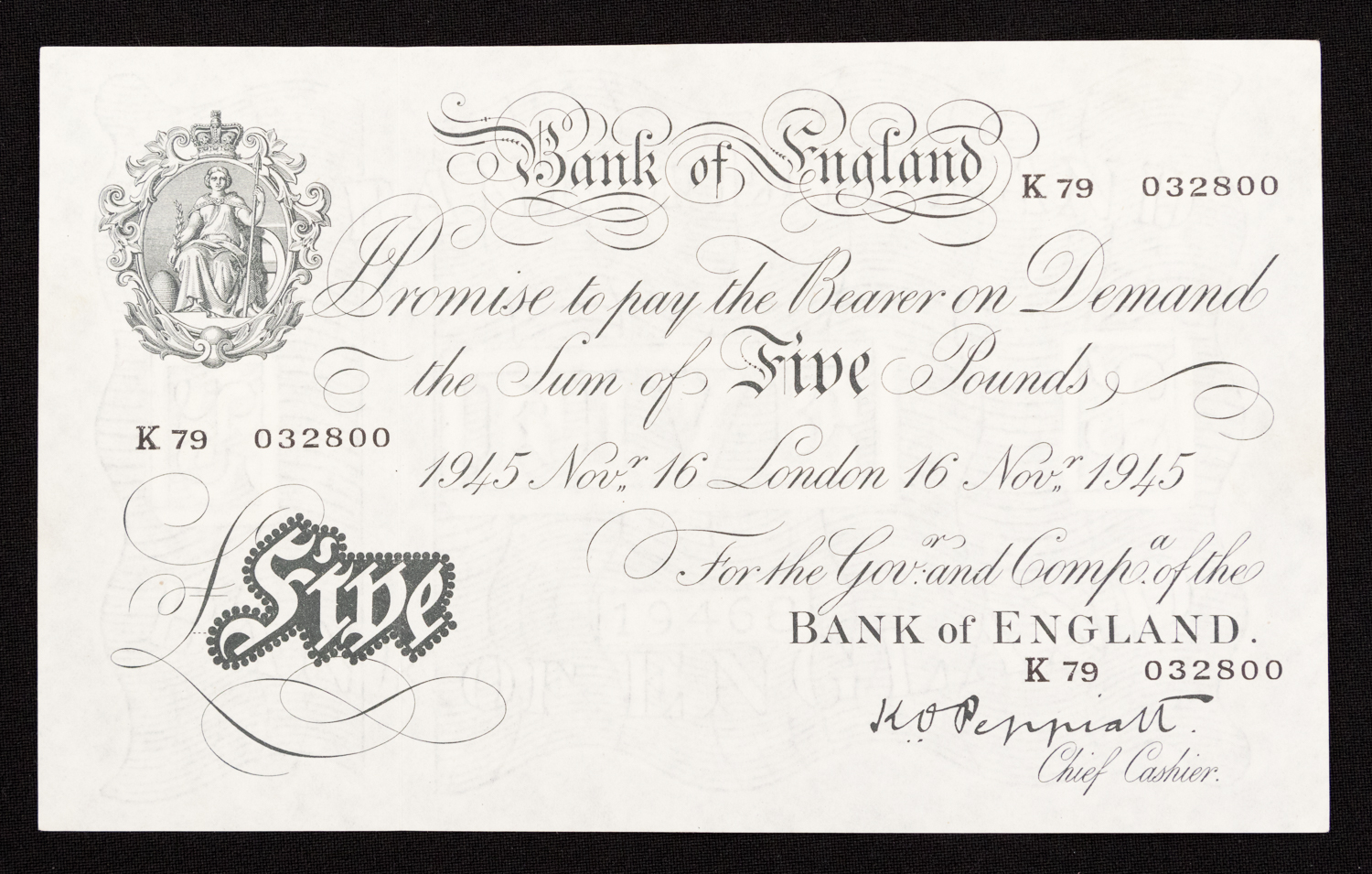 Banknote, Five Pounds Peppiatt dated 16th November 1945 series K79 932800, - Image 2 of 3