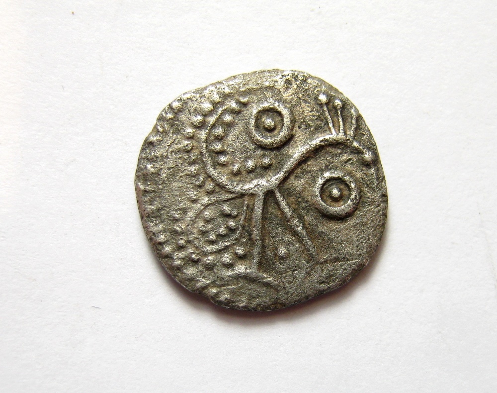 Anglo-Saxon Sceatta, Series H, Type 49 Obv. Wodan Head surrounded by seven bosses. Rev. - Image 2 of 2