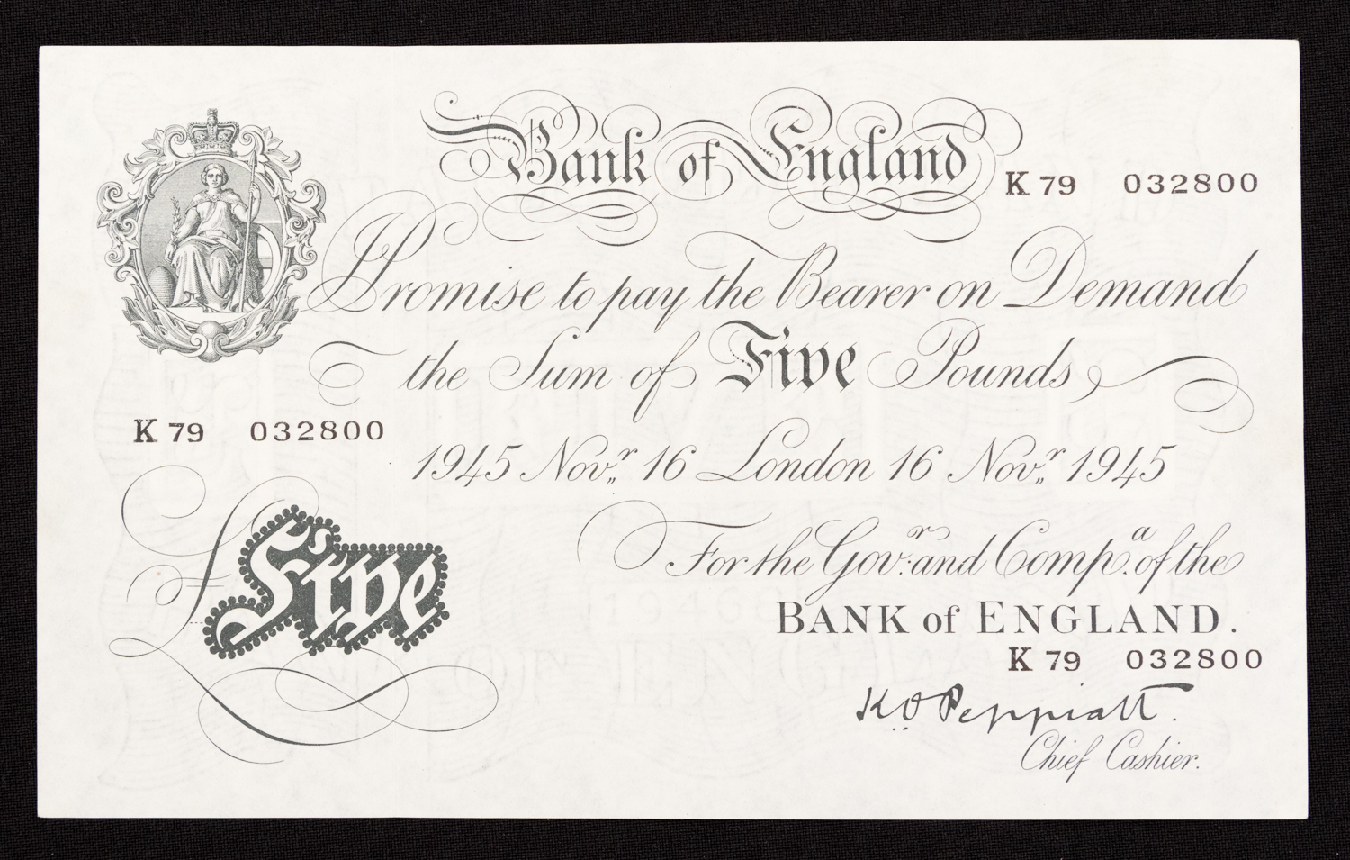 Banknote, Five Pounds Peppiatt dated 16th November 1945 series K79 932800, - Image 3 of 3