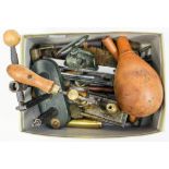 A box of rifle cartridge re-loading equipment, including Saint Etienne re-loading press,