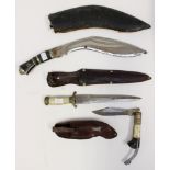 Lot of three Indian made knives: one folding knife in leather pouch,