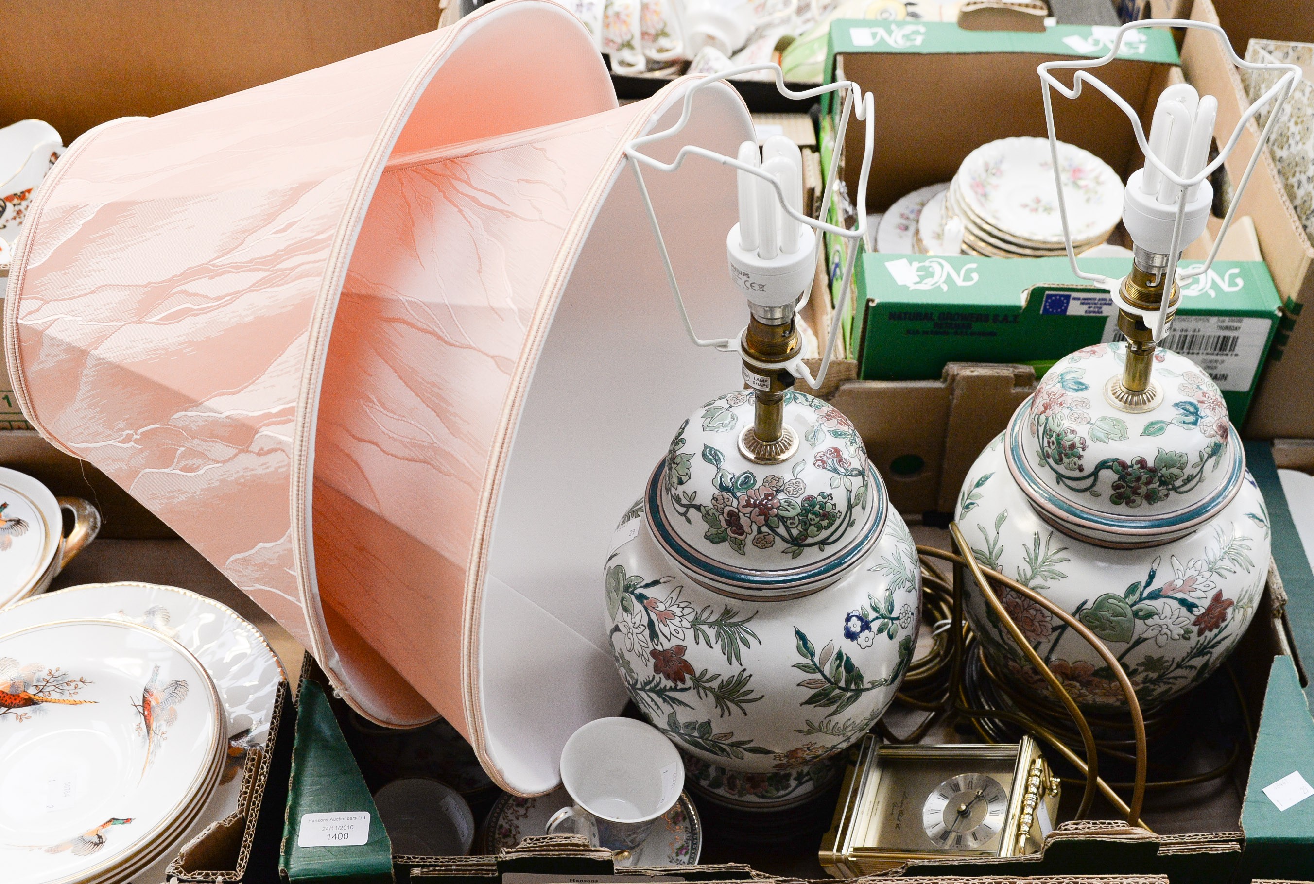 Two Chinese lamp bases and shades, an Edwardian tea service,