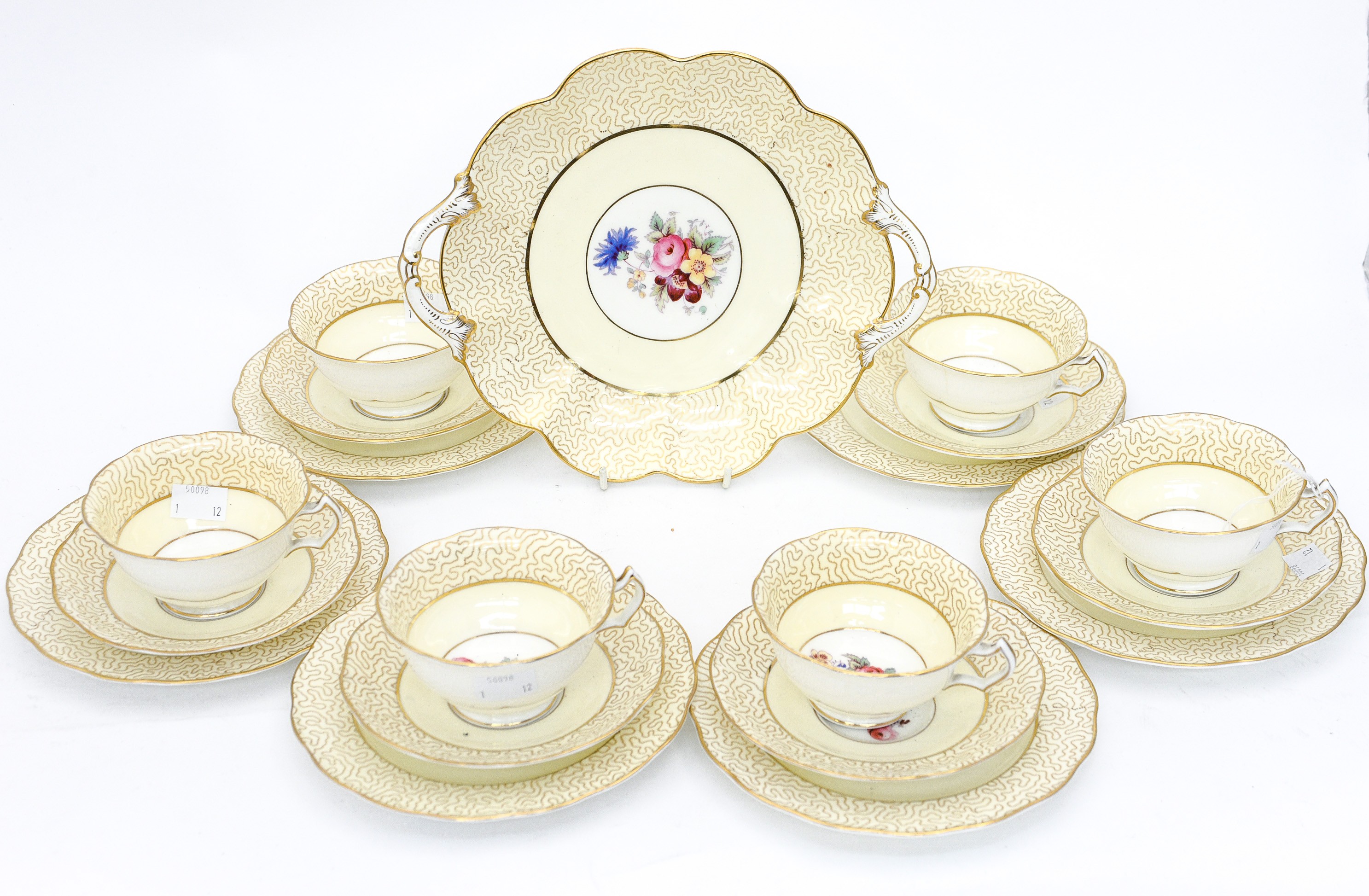 Six cups and saucers by George Jones and Sons, hand painted, underglaze circa 1920s,