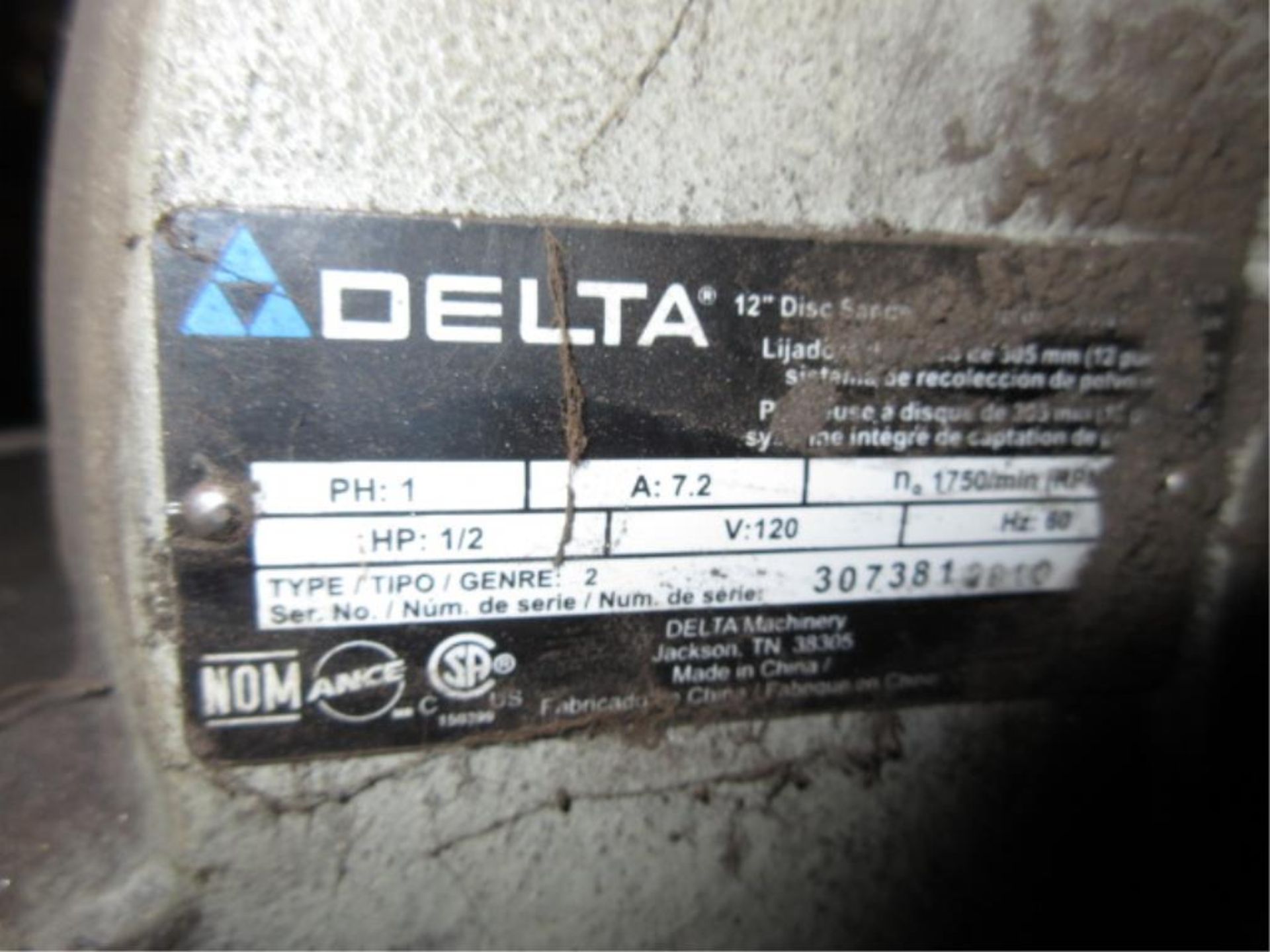 Delta Disc Sander. Delta 12" Disc Sander, (2010), 1/2 hp, includes pedestal, 120VAC. SN# 307381. - Image 4 of 4