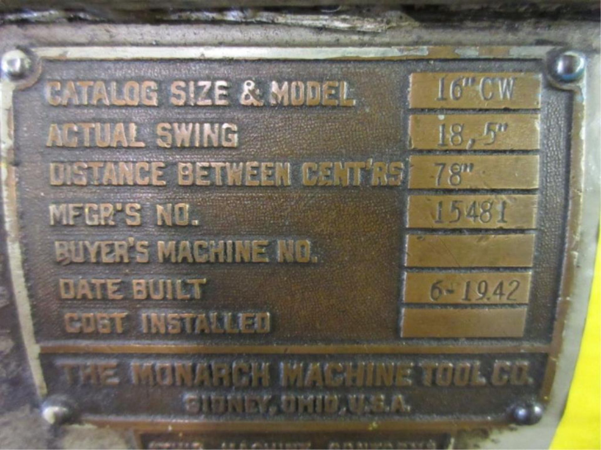 Monarch Engine Lathe. Monarch 16"CW Engine Lathe, (1942), actual swing 18.5, distance between - Image 5 of 8