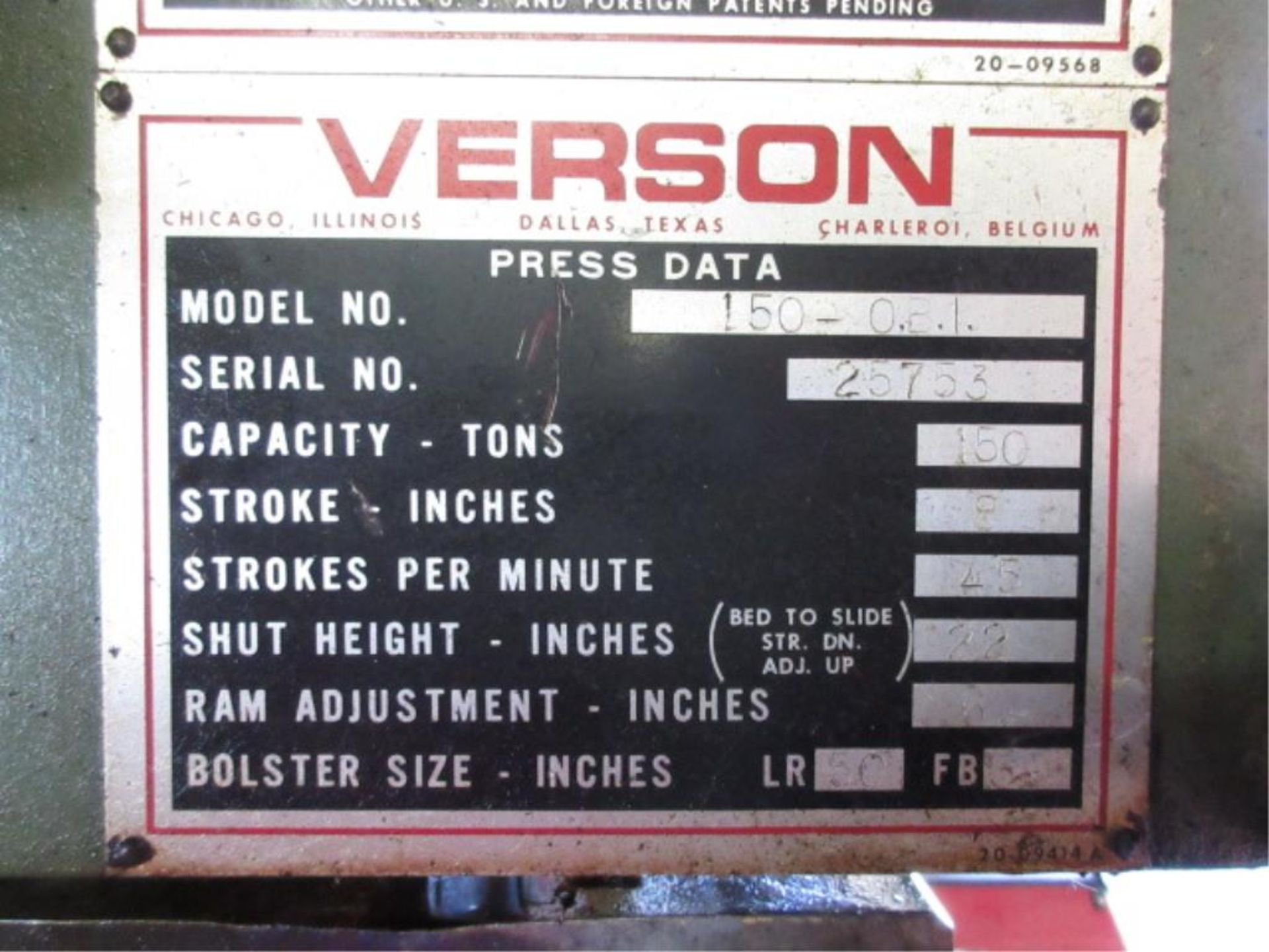 Verson OBI Punch Press. Verson 150 150-Ton OBI Punch Press, 8" stroke, 45 spm, shut height 22, ram - Image 6 of 10