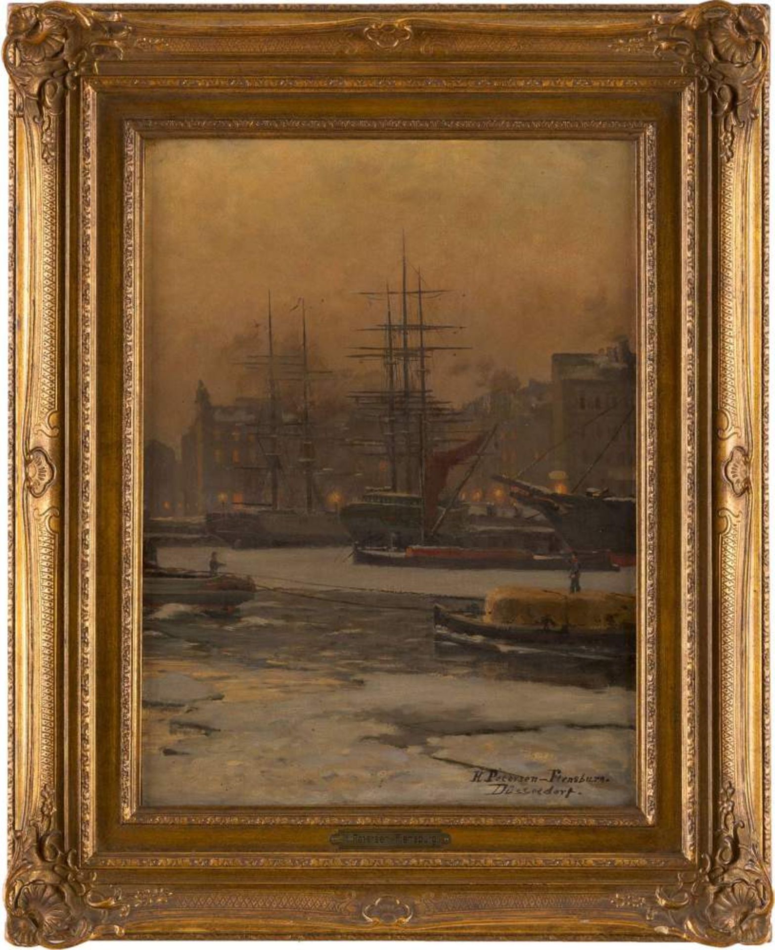 HEINRICH PETERSEN-FLENSBURG1861 Århus - 1908 DüsseldorfIm vereisten Hafen Öl auf Platte. 47 x 35 cm.