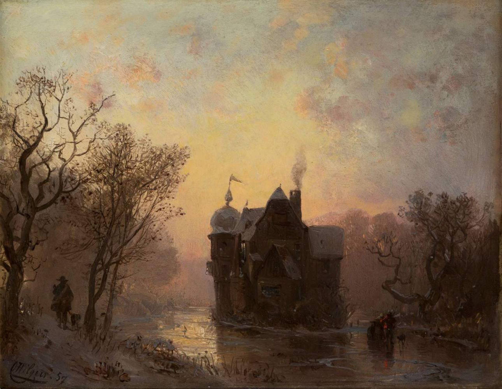 CARL HILGERS1818 Düsseldorf - 1890 ebendaWinterliche Landschaft mit Wasserschloß Öl auf Karton auf - Bild 2 aus 2