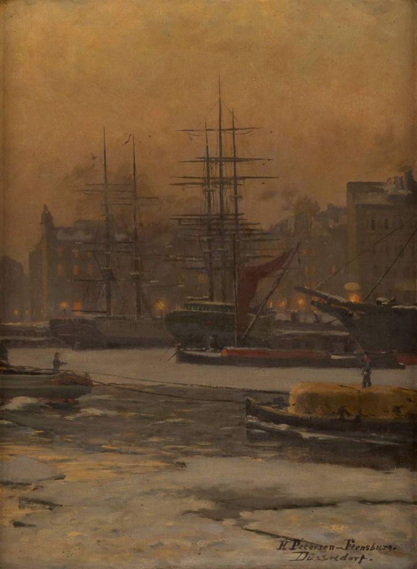 HEINRICH PETERSEN-FLENSBURG1861 Århus - 1908 DüsseldorfIm vereisten Hafen Öl auf Platte. 47 x 35 cm. - Bild 2 aus 2