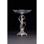 GROSSE FIGÜRLICHE AUFSATZSCHALE Deutsch, um 1900 Zinn, Glas. H. 43 cm. Auf ansteigendem,