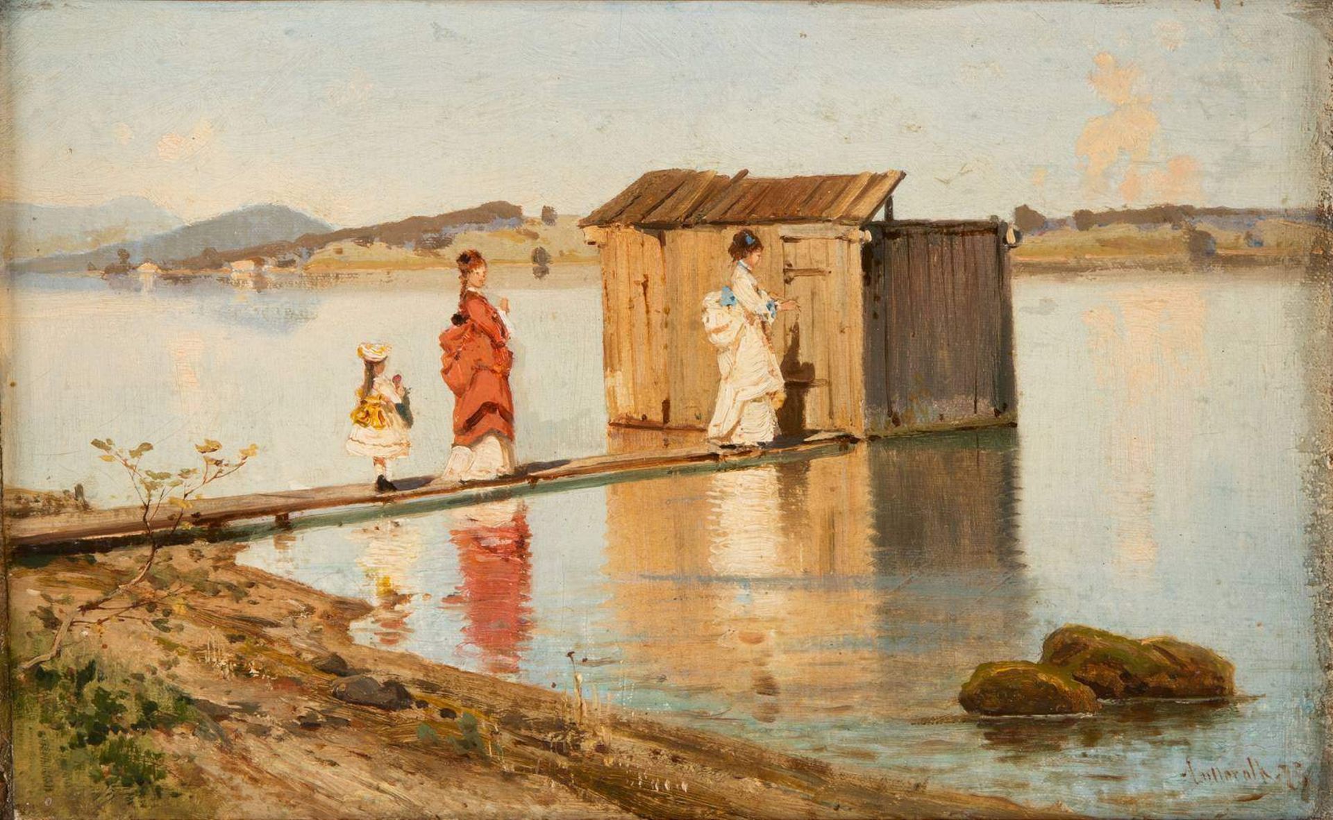 ASCAN LUTTEROTH1842 Hamburg - 1923 ebendaDamen am See vor einem schwimmenden Badehäuschen Öl auf - Bild 2 aus 2