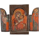 A SMALL TRIPTYCHGreek, 18th century Tempera on wood panels. The central panel depicting the Mother