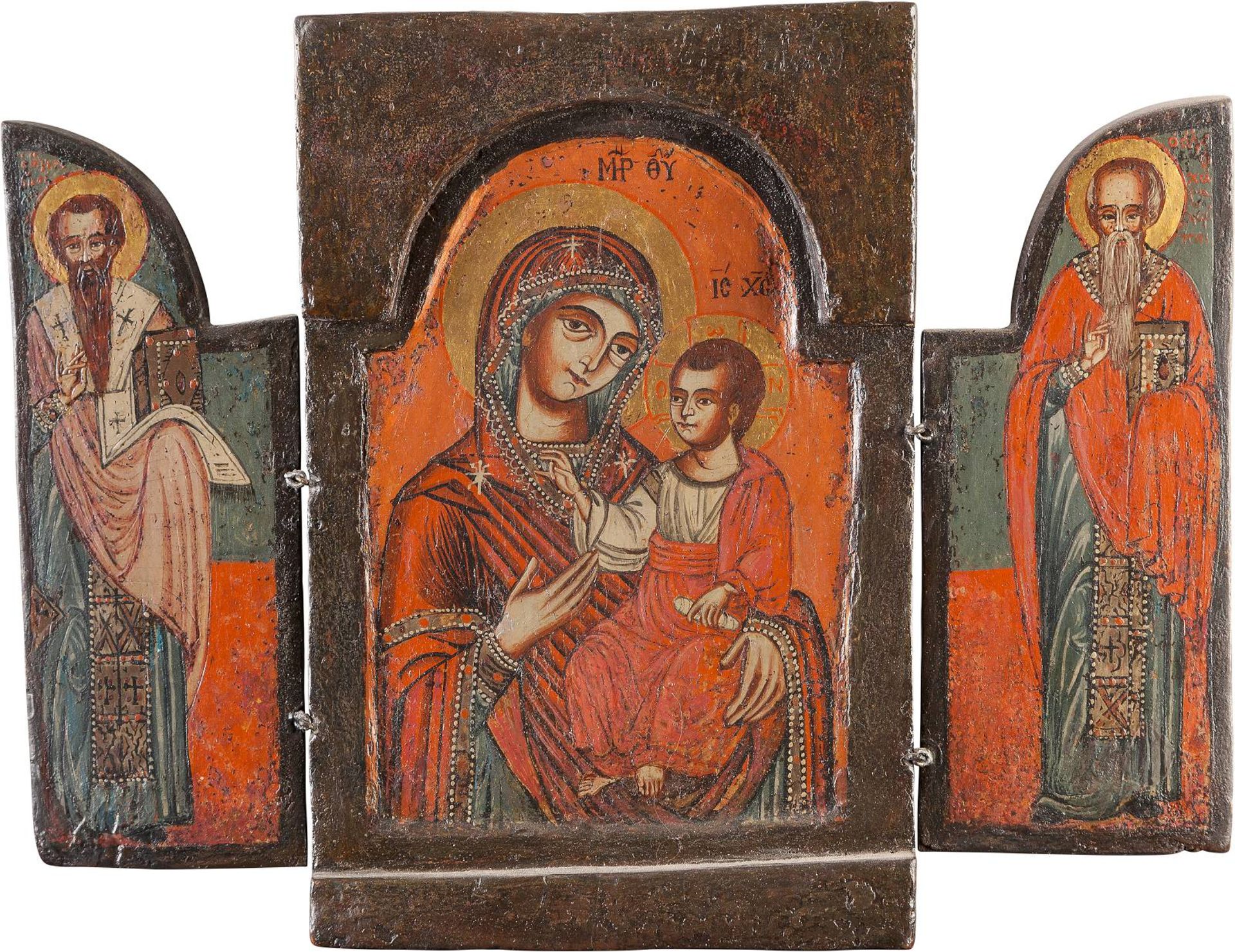 A SMALL TRIPTYCHGreek, 18th century Tempera on wood panels. The central panel depicting the Mother