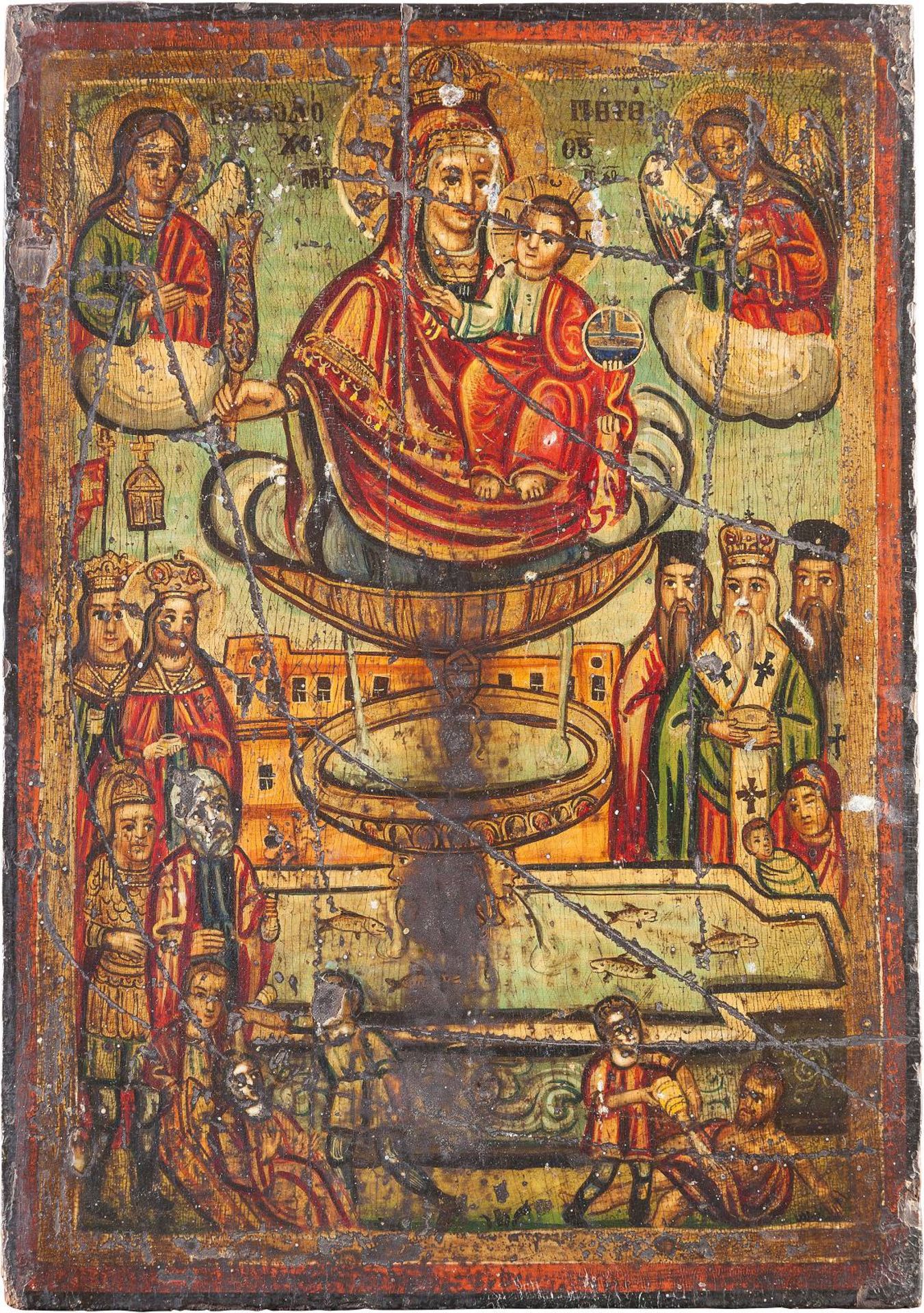 AN ICON SHOWING THE MOTHER OF GOD OF THE LIFE-GIVING SOURCEBalkan, 19th century Oil on wood panel.