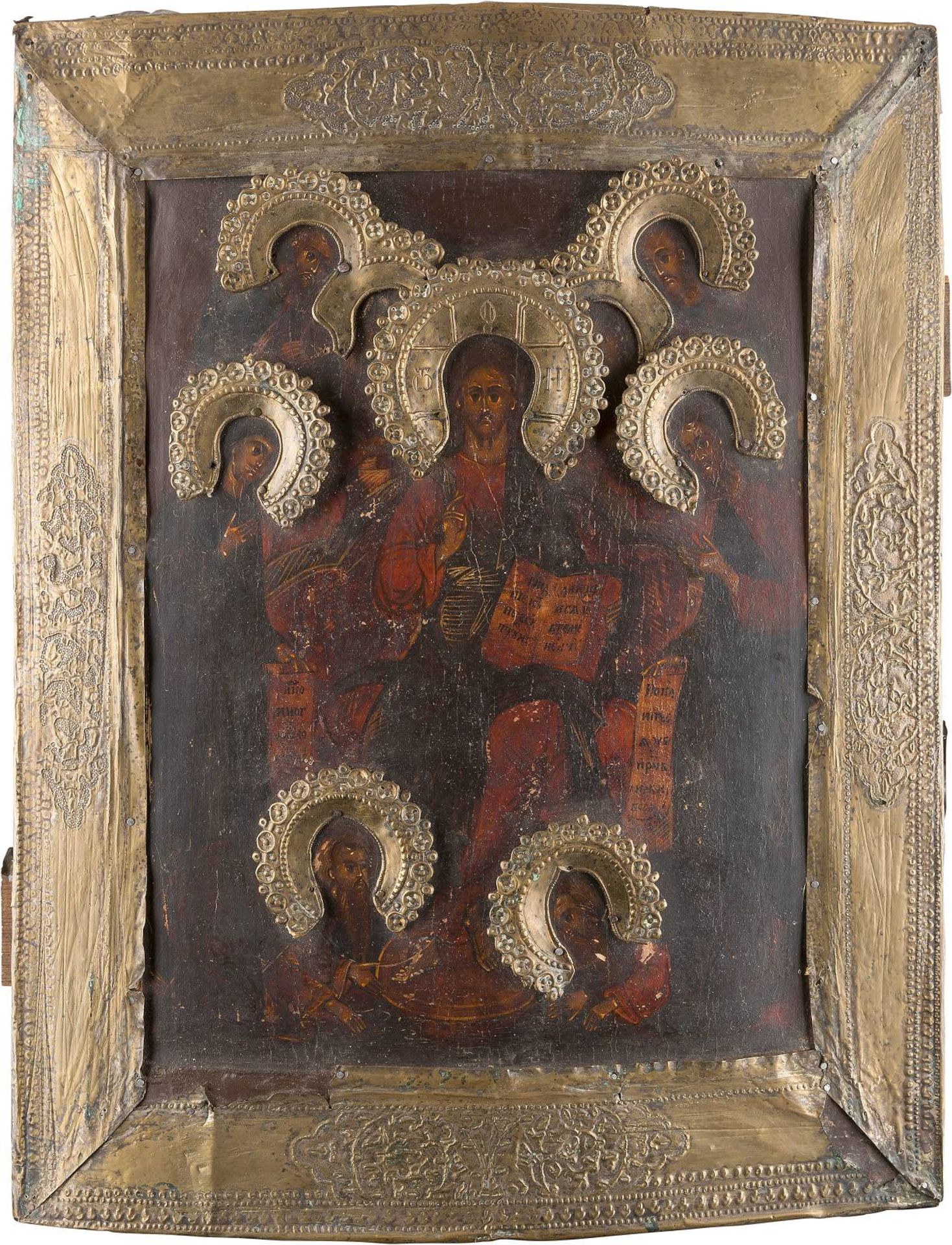 A LARGE ICON SHOWING AN EXTENDED DEISIS WITH BASMARussian, 19th century Tempera on wood panel.