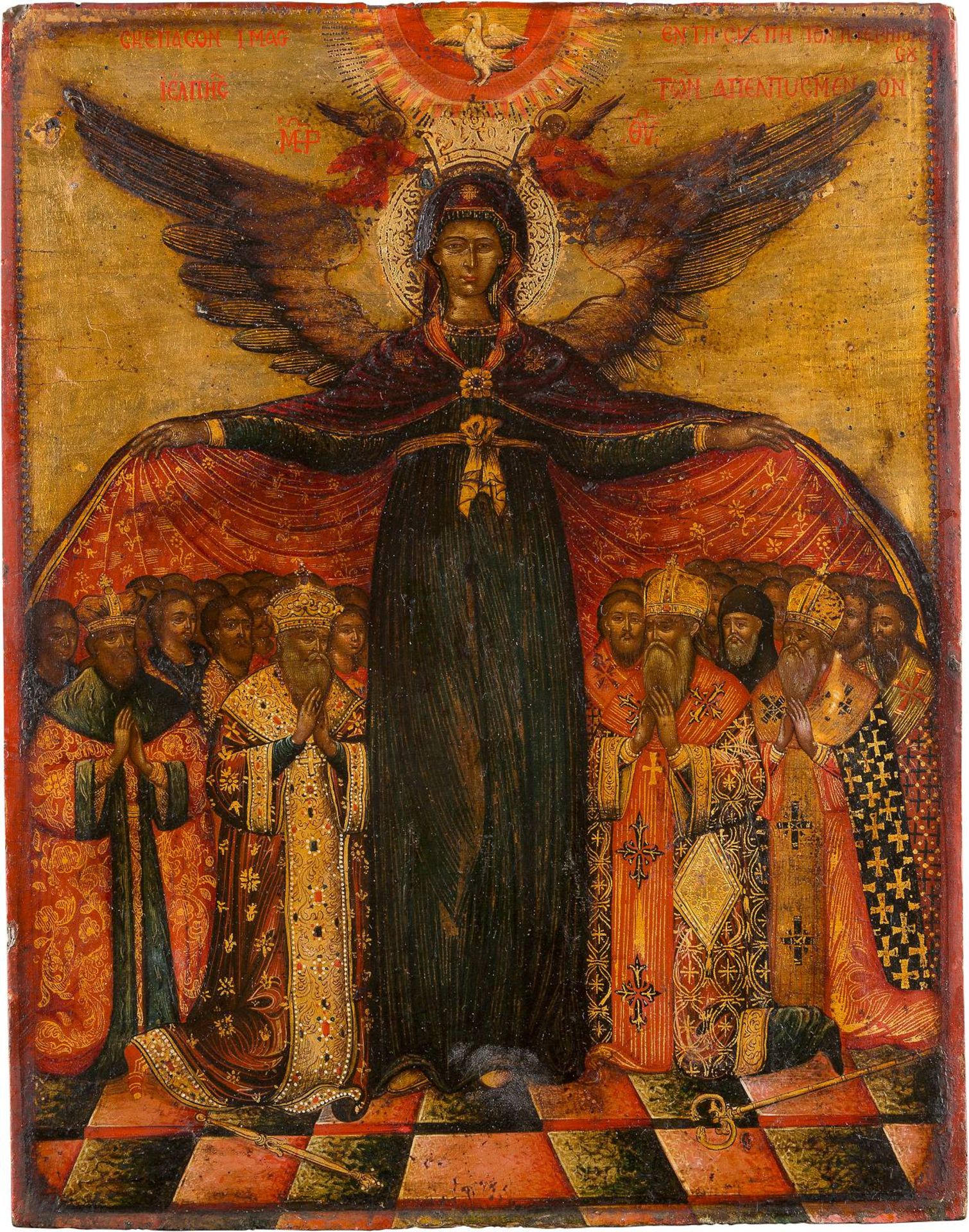A VERY RARE AND LARGE ICON SHOWING THE VIRGIN OF MERCYGreek, 18th century Tempera on wood panel. The