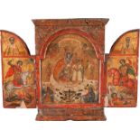 A TRIPTYCH WITH THE MOTHER OF GOD 'THE UNFADING ROSE' FLANKED BY SAINTSGreek, 18th century Tempera