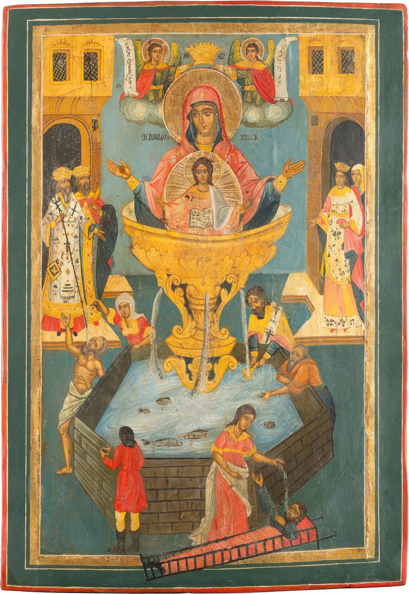 A LARGE ICON SHOWING THE MOTHER OF GOD 'OF THE LIFE-GIVING SOURCE'Greek, 19th century Tempera on