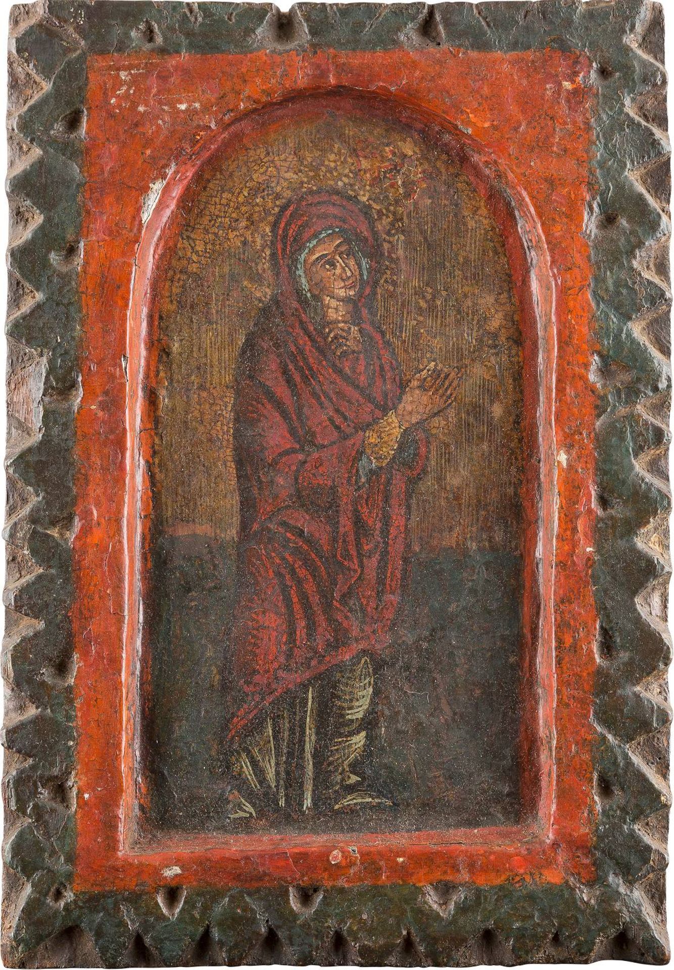 AN ICON SHOWING THE MOTHER OF GOD FROM A CRUCIFIXIONBalkan, 18th century Tempera on wood panel.