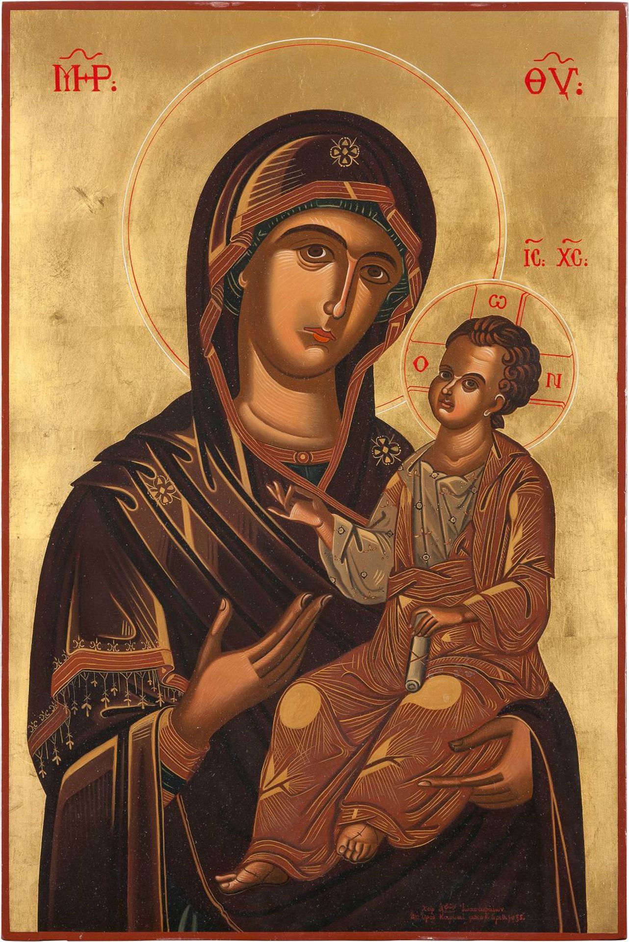 A LARGE ICON SHOWING THE HODIGITRIA MOTHER OF GODDated 1966 Oil on wood panel. Executed on a gold