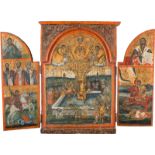 A LARGE TRIPTYCHGreek, 18th century Tempera on wood panels. Executed on a gold ground. The central