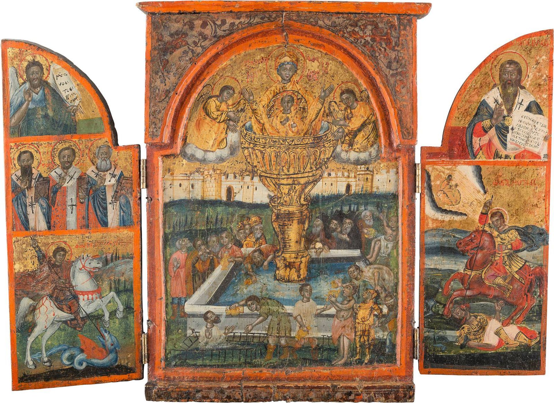 A LARGE TRIPTYCHGreek, 18th century Tempera on wood panels. Executed on a gold ground. The central