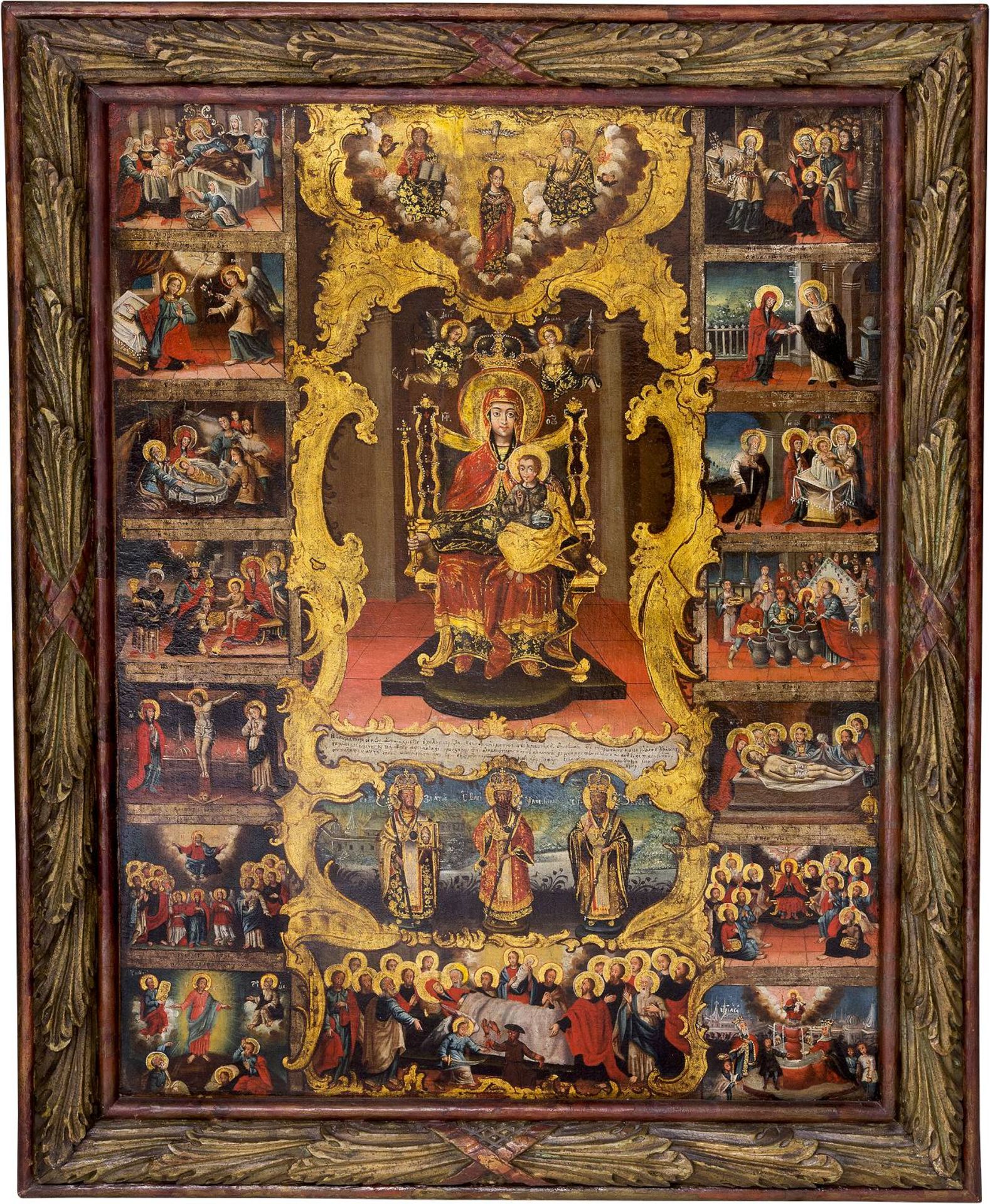 A MONUMENTAL ICON SHOWING THE ENTHRONED MOTHER OF GODNorthern Greek, Kozani, dated 1752 Oil on