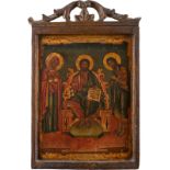 AN ICON SHOWING THE DEISISGreek, mid 19th century Tempera on wood panel. The border decorated with