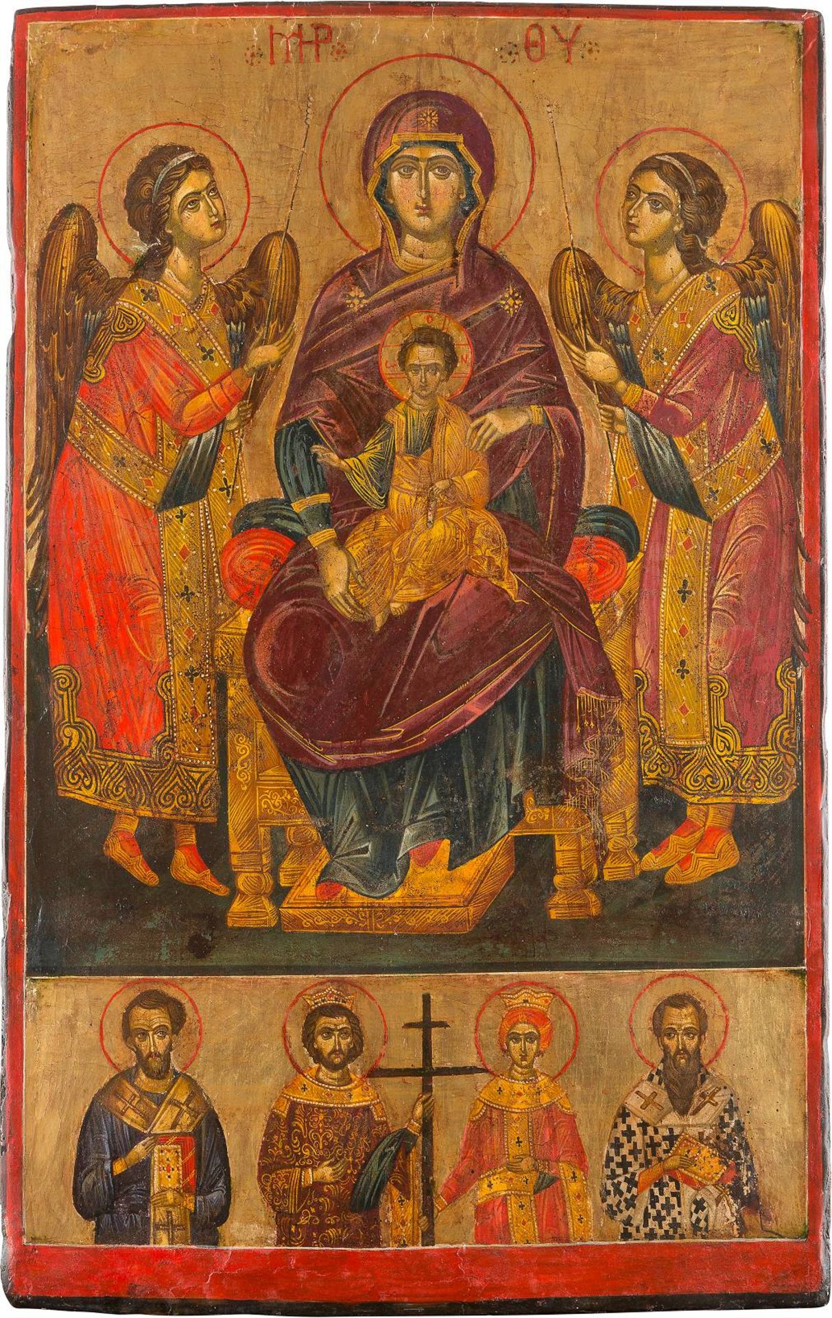 A LARGE ICON SHOWING THE ENTHRONED MOTHER OF GOD AND SAINTSGreek, in the 17th century style