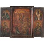 A TRIPTYCH SHOWING THE MOTHER OF GOD AND FOUR SAINTSBalkan, 19th century Oil on wood panel.