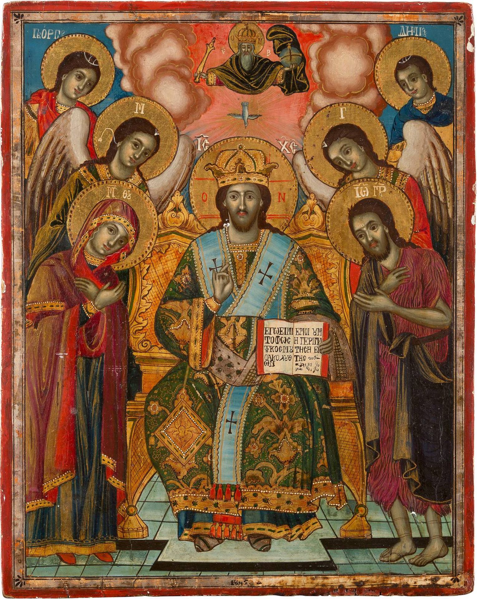 AN ICON SHOWING AN EXTENDED DEISISGreek, dated 1845 Oil on wood panel. Finely painted in bright