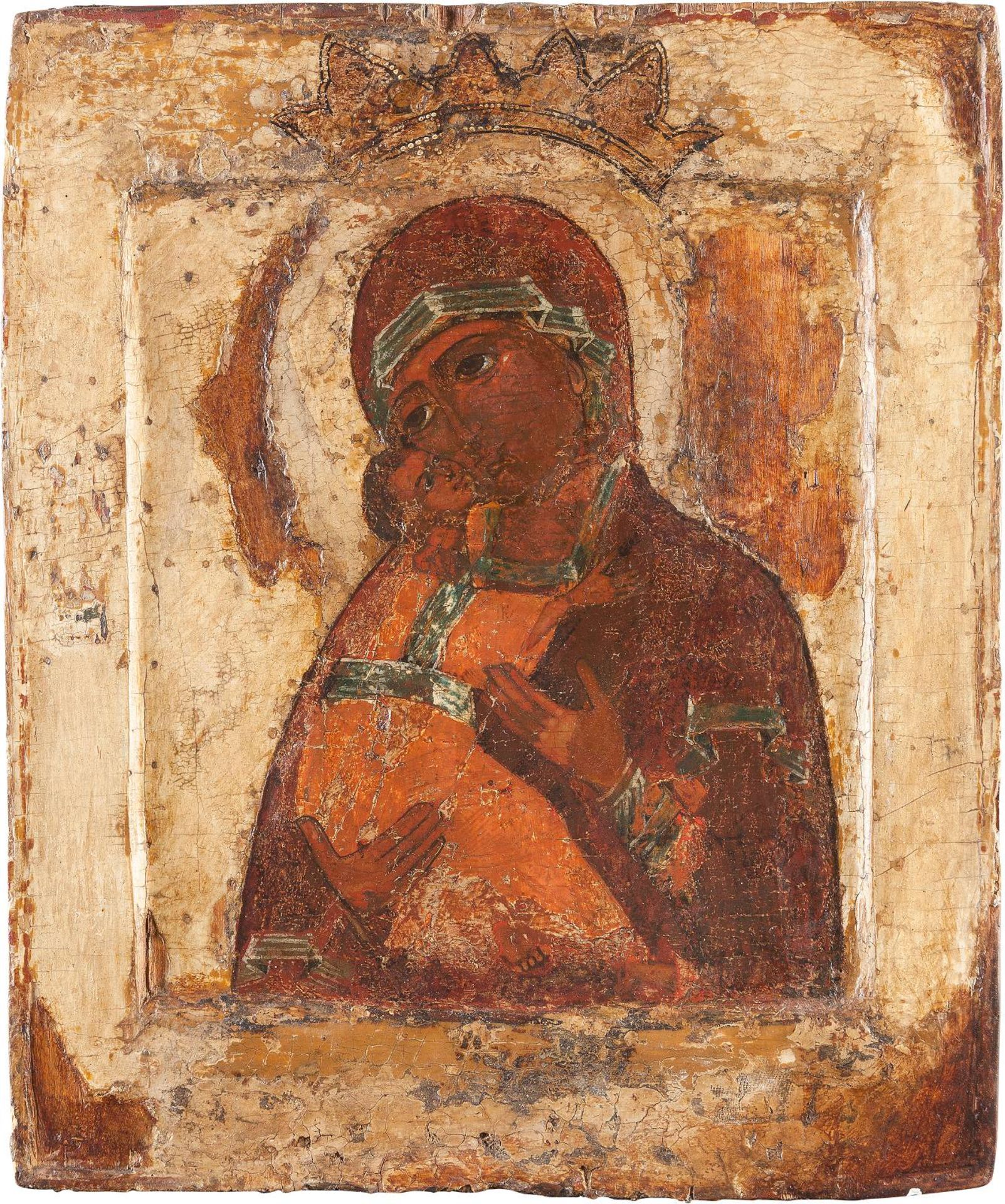 AN ICON SHOWING THE VLADIMIRSKAYA MOTHER OF GODRussian, 17th century Tempera on wood panel with