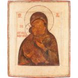 AN ICON SHOWING THE VLADIMIRSKAYA MOTHER OF GODRussian, 17th century Tempera on wood panel with