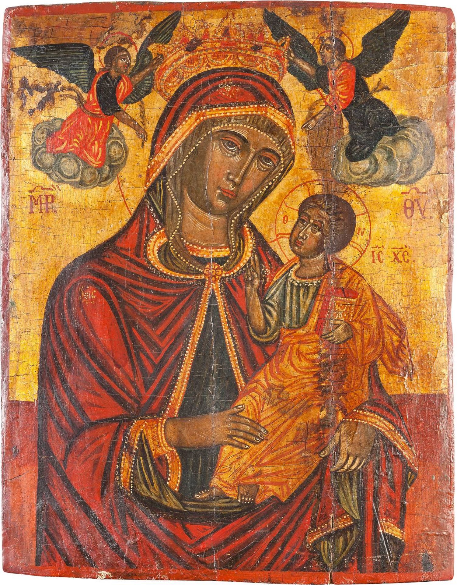 A LARGE ICON OF THE HODIGITRIA MOTHER OF GODVeneto-Cretan, 17th century Tempera on wood panel.