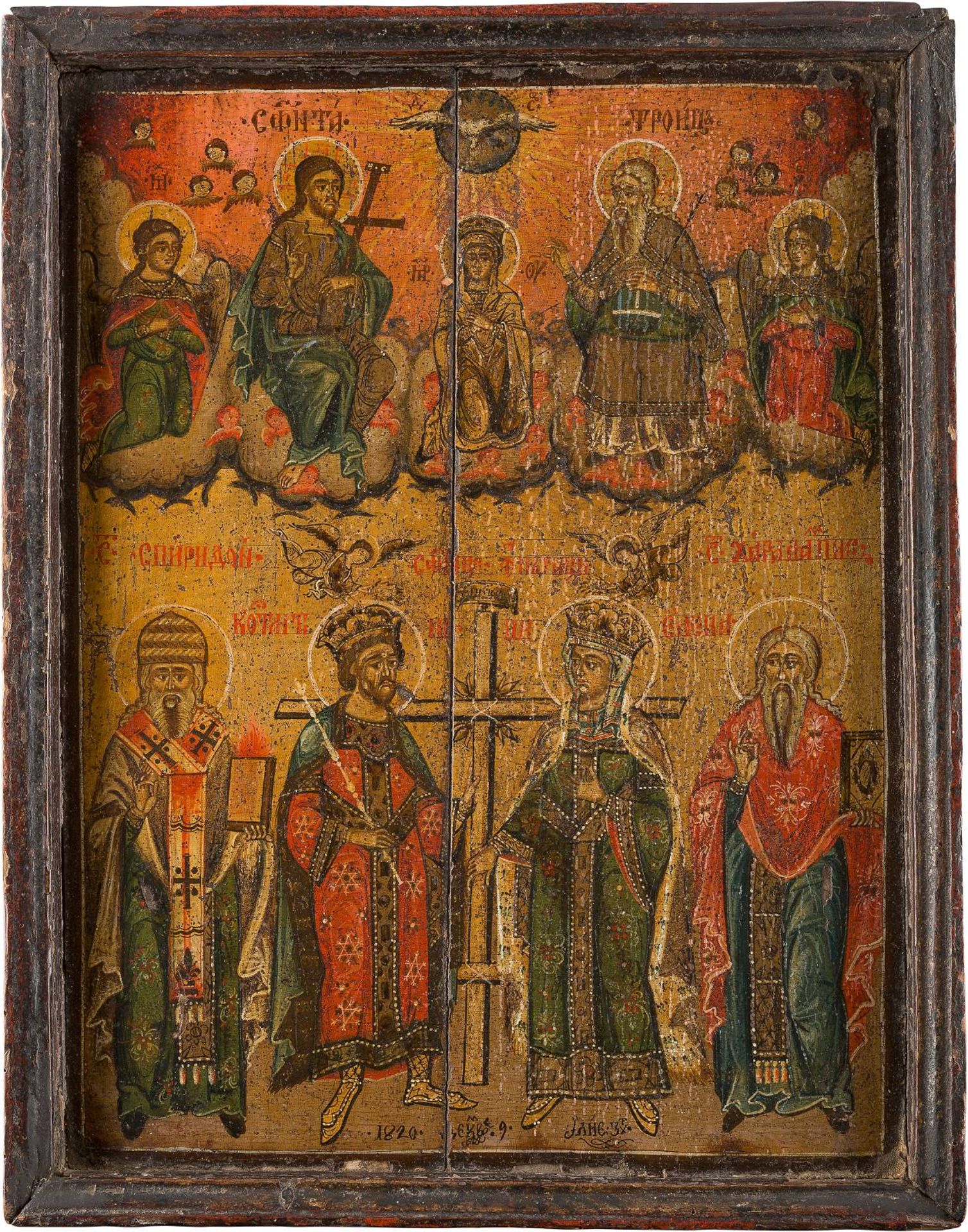 A LARGE ICON SHOWING THE CORONATION OF THE MOTHER OF GOD AND SELECTED SAINTSGreek, dated 1820