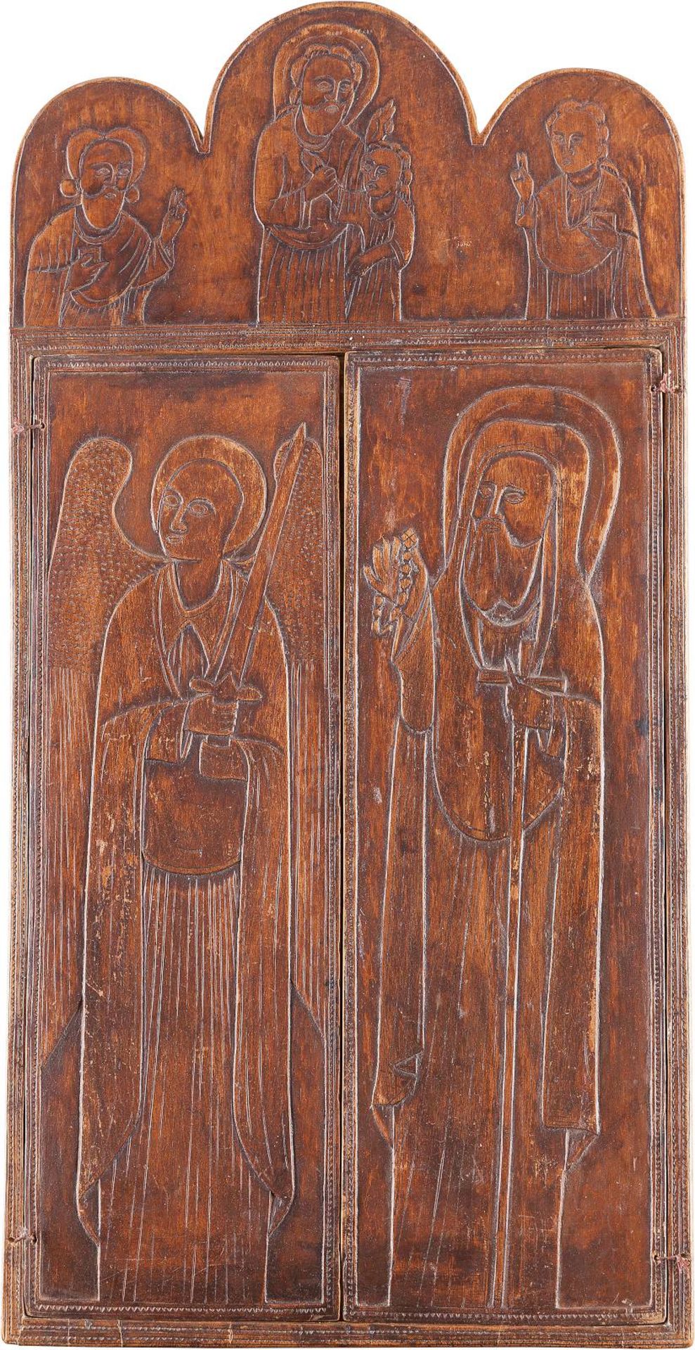 THREE COPTIC TRIPTYCHSEthiopian, 19th century Tempera on wood panels, carved. Comprising a large - Bild 2 aus 3