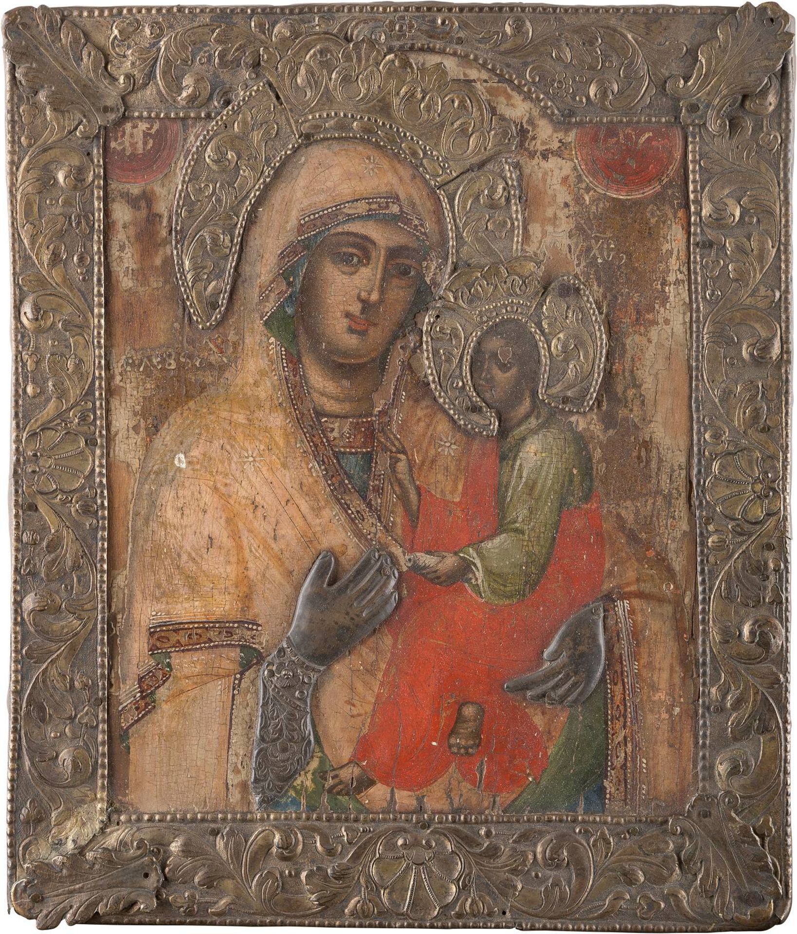 AN ICON OF THE HODIGITRIA MOTHER OF GODRomanian, 18th century Tempera on wood panel, on a gold