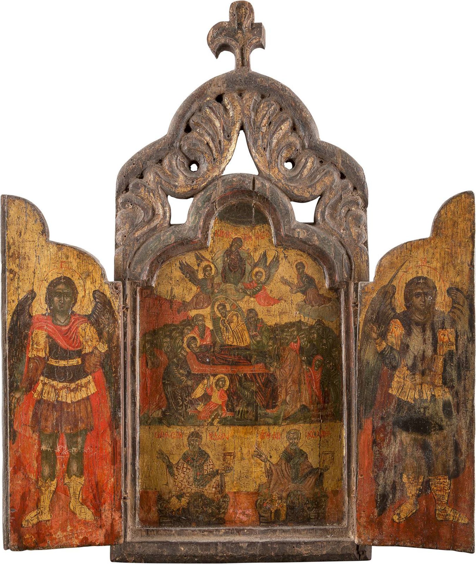 A FINE TRIPTYCH SHOWING THE DORMITION OF THE MOTHER OF GODGreek, 18th century Tempera on wood