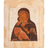 AN ICON SHOWIING THE VLADIMIRSKAYA MOTHER OF GODRussian, 17th century Tempera on wood panel with