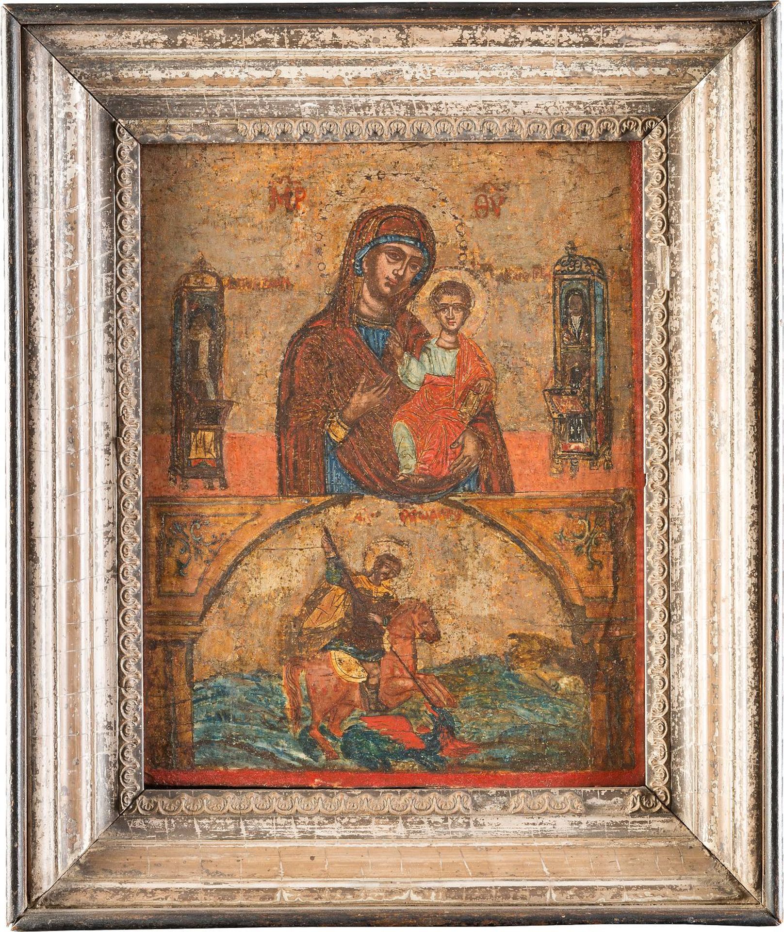 A TWO-PARTITE ICONGreek, 18th century Tempera on wood panel. The icon divided in two registers,