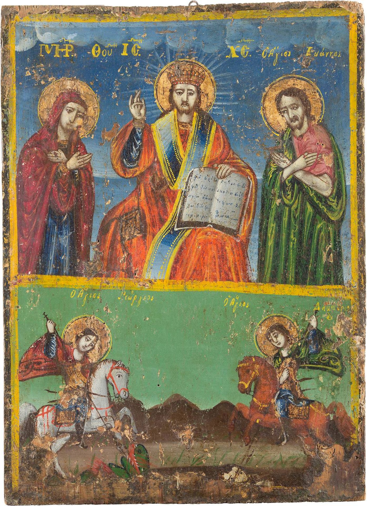 A LARGE TWO-PARTITE ICON SHOWING THE DEISIS AND THE WARRIOR SAINTS GEORGE AND DIMITRIGreek, 19th