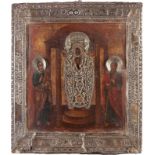 A RARE ICON SHOWING THE MIROZHKAYA MOTHER OF GOD WITH SILVER BASMARussian, late 18th century (icon),