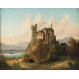 JOHANN WILHELM JANKOWSKY 1825 - 1870, Umkreis Romatisches Schloss mit Blick auf einen See Öl auf