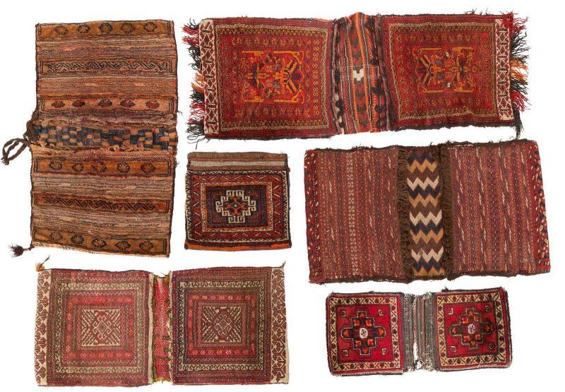 FÜNF KHORDINS UND EINE TASCHE A) Afghanistan, 2. Hälfte 20. Jh. 100 x 56 cm. Gebrauchsspuren.B)