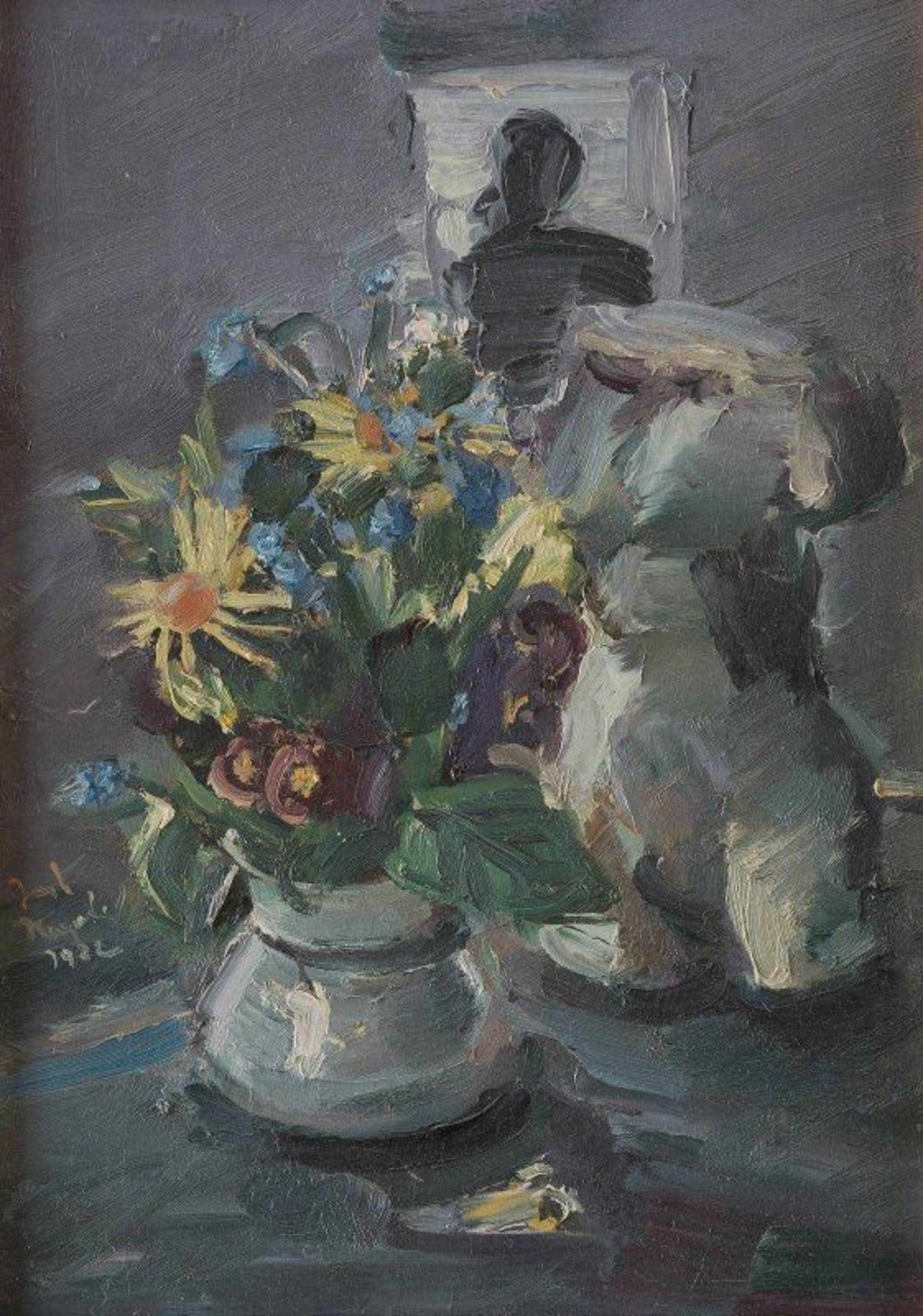 UNBEKANNTER MODERNER Tätig um 1922 Blumenstillleben Öl auf Platte. 47,5 x 32,5 cm. Undeutlich