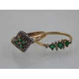 A 9 carat yellow gold, emerald and diamond ring, set three square cut emeralds, together with a 9