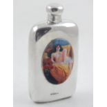 A silver hip flask with screw cap, fully hallmarked, decorated with later porcelain plaque depicting
