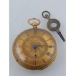 An early 20th century 18ct gold keywind open faced pocket watch, the gilt dial with Roman